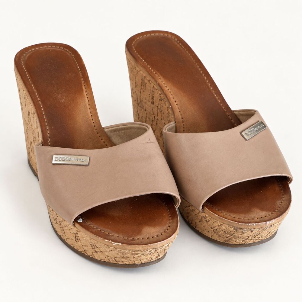 BCBG Blush Tan Patent Leather Upper Slide Wedge Mules | Size 6.5